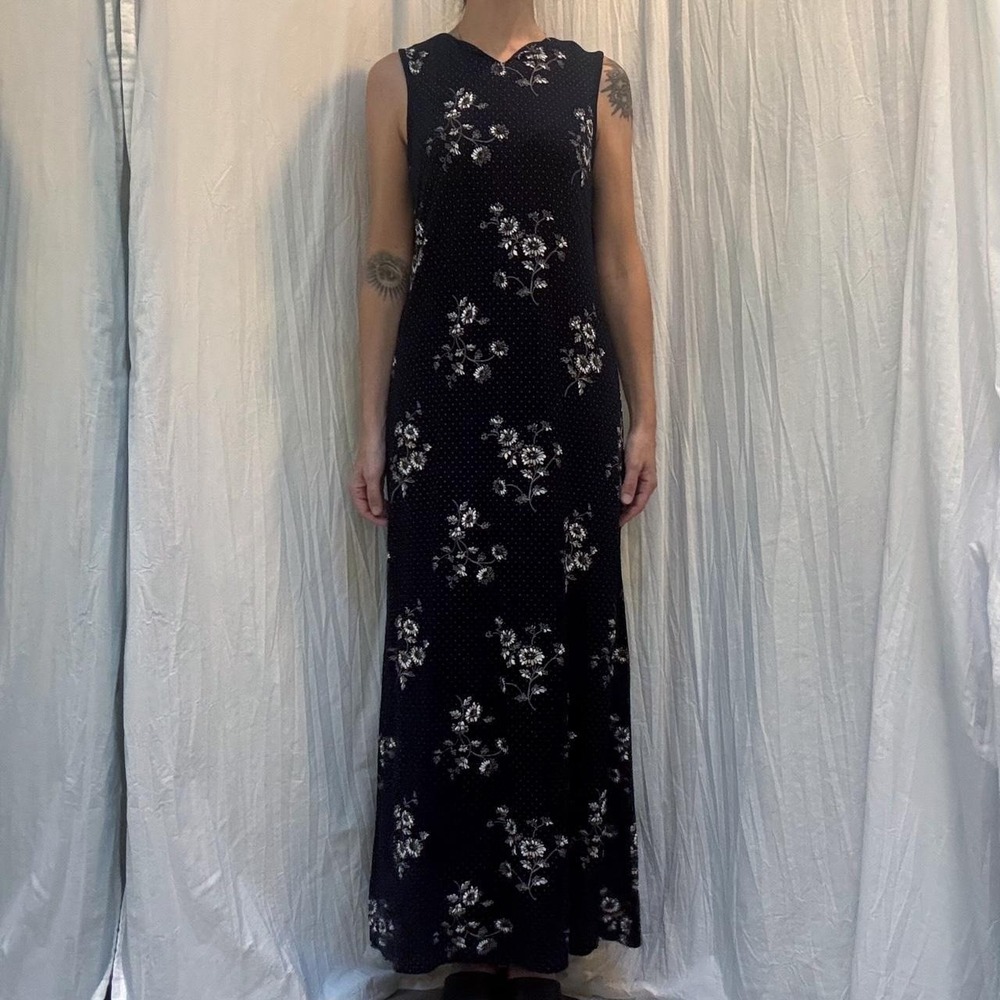 Liz Claiborne 90s Y2K Navy Blue Maxi Dress White Tan Floral Polka Dots S/M